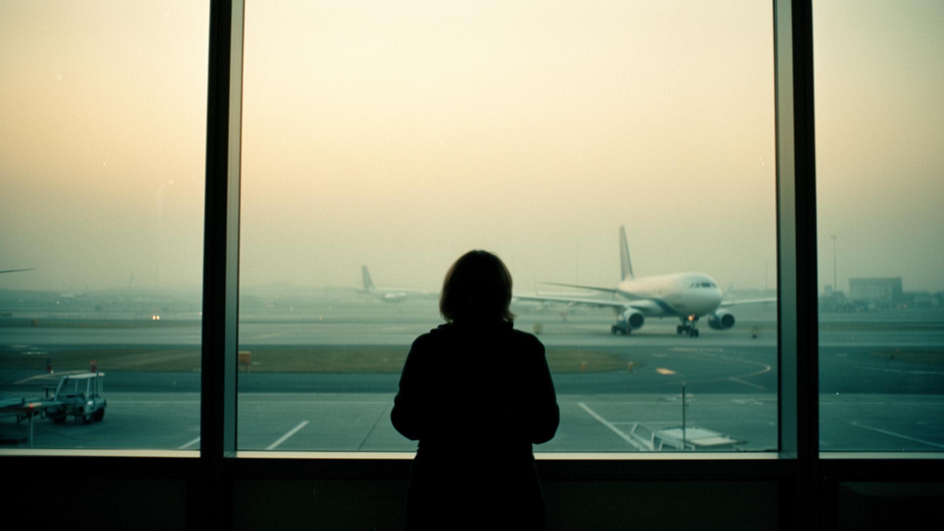 Aviation professional looking out over the apron at dawn